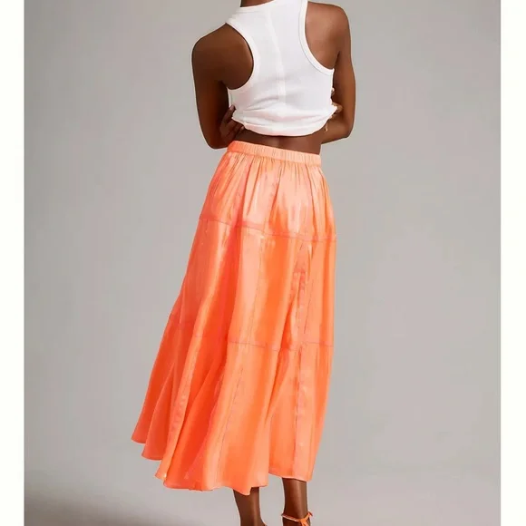 Anthropologie Satin parachute Tiered Maxi Skirt in Bright Coral - Picture 3 of 7
